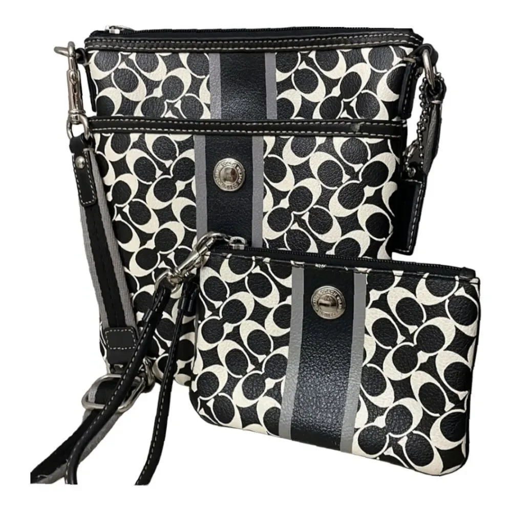 Coach F43893 3 Piece Set Signature Swing Pack Crossbody + Wristlet Black White - Picture 2 of 15